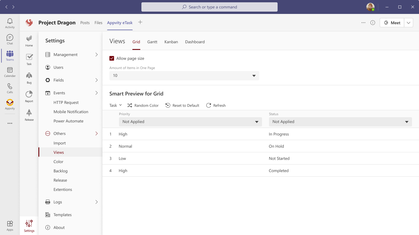 eTask Views Settings