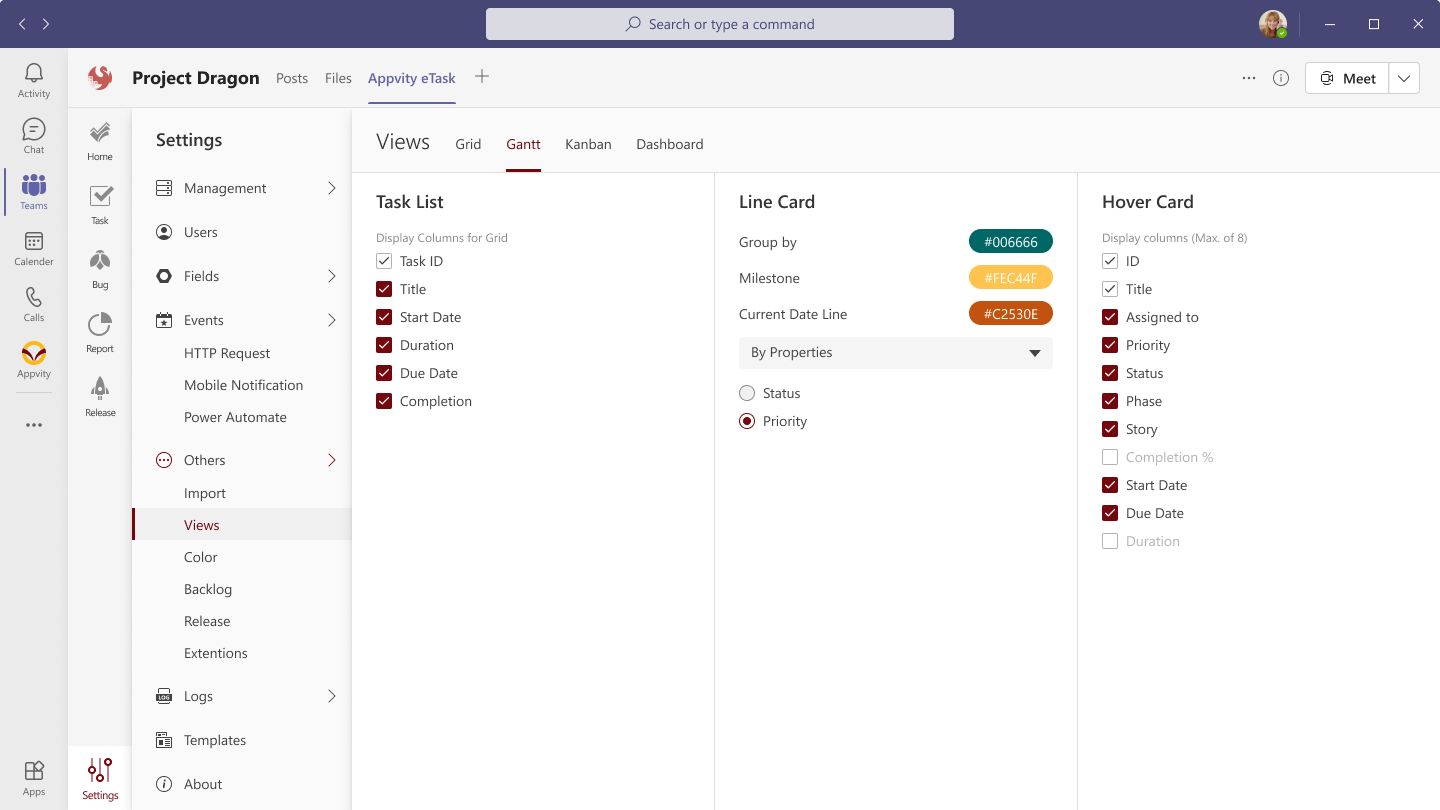 eTask Views Settings