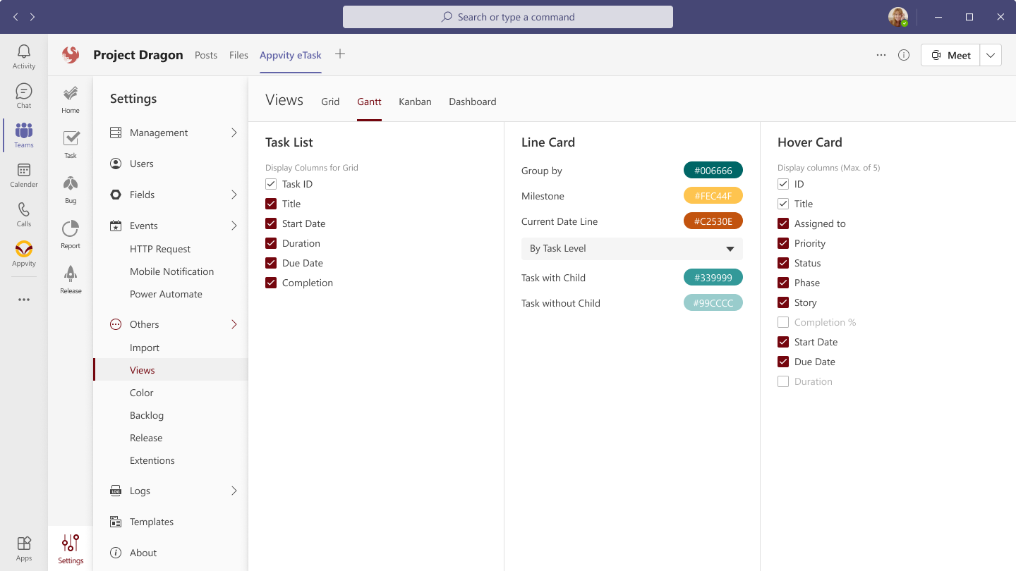 eTask Views Settings
